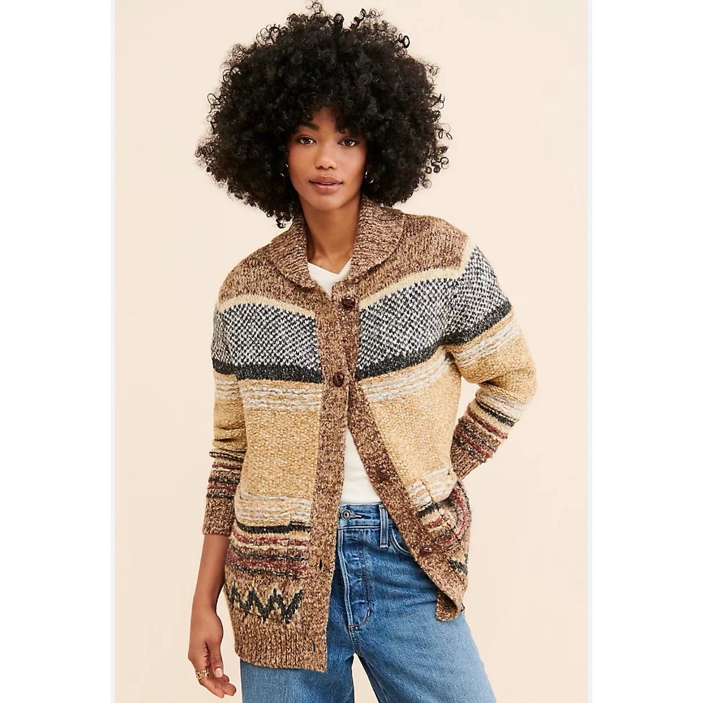 Anthropologie Multicolor Brown Tan Cream Striped Knit Cardigan
